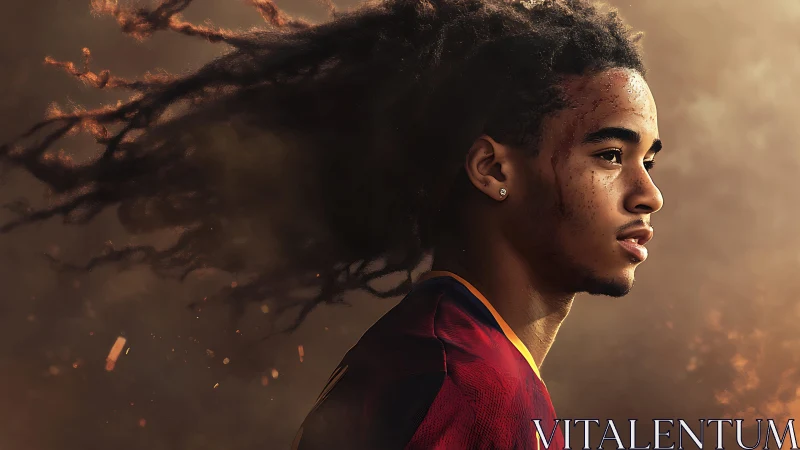 Young athlete gazes forward through smoky golden dusk