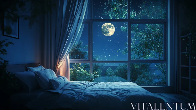 Moonlit bedroom interior with large night sky window.