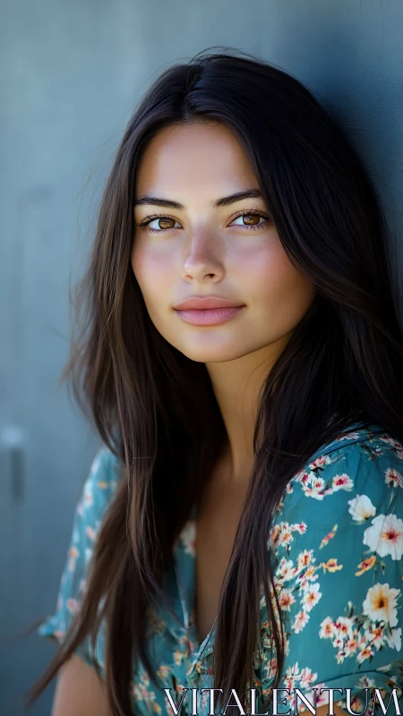 Soft-lit portrait of brunette woman in teal floral blouse.