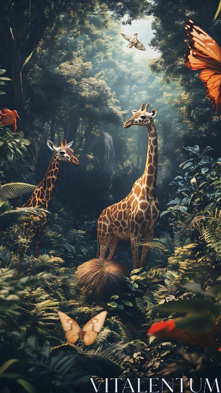 Giraffes and butterflies in cinematic sunlit jungle glade.