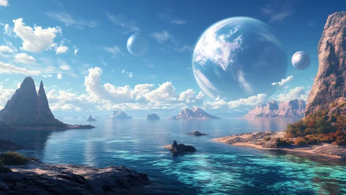 Alien ocean coast under giant planets and bright blue sky.
