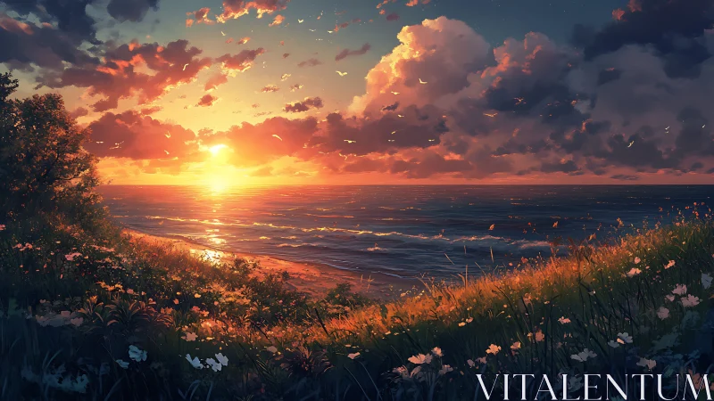 Sunset coastline with wildflowers and calm reflective sea.