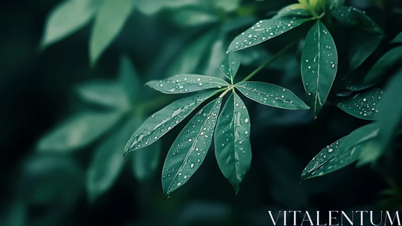 Water droplets rest on narrow green leaves in shallow focus