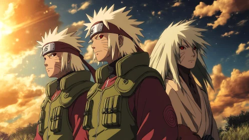 Triadic anime warriors under volumetric sunset sky lighting