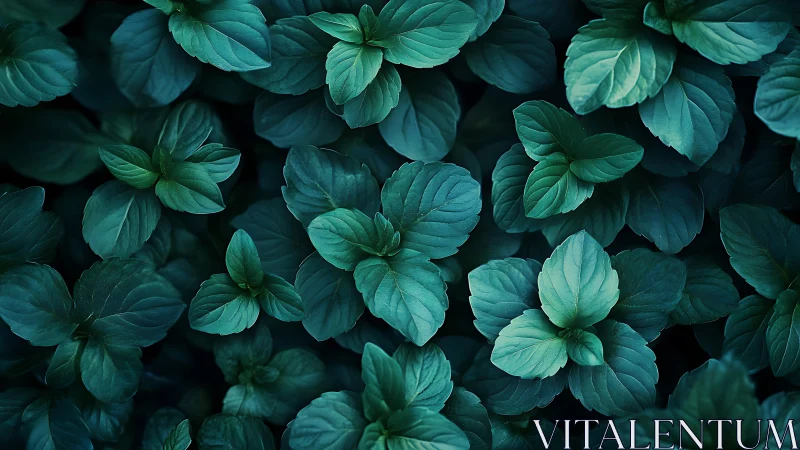 Lush teal mint leaves in softly shadowed overhead view.