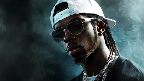 Low key hip hop portrait with rim lighting and metallic jewelry