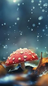 Red mushroom cap collects raindrops among wet autumn leaves