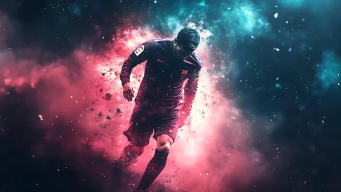 Dynamic footballer isolated in neon vapor explosion effect