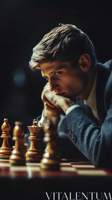Intense young strategist contemplating next chess move.