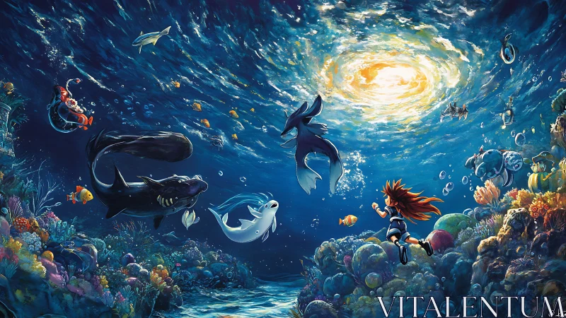 Underwater girl and sea creatures in swirling light scene.