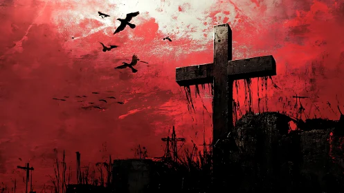 Weathered cross dominates blood-red apocalyptic sky.