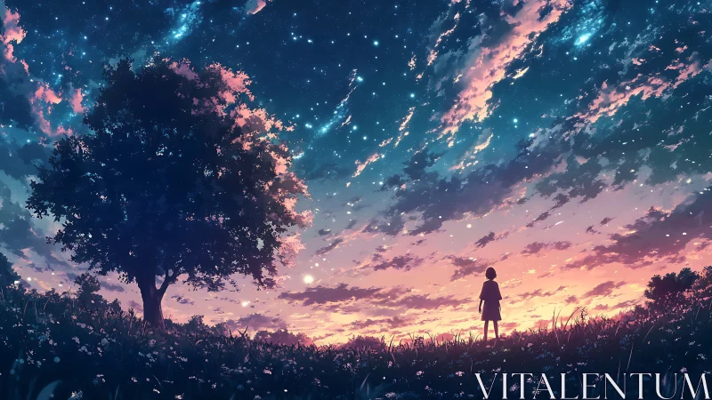 Silhouetted figure and tree under gradient dusk sky