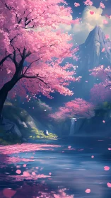 Blossoming cherry valley frames tranquil waterfall and peak.