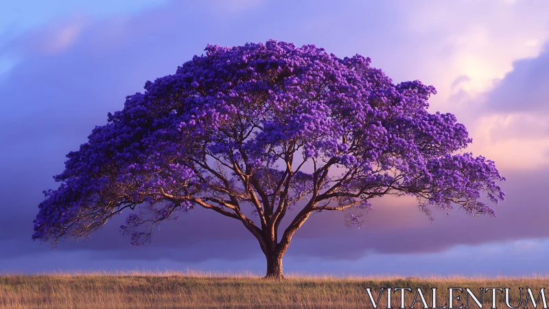 Solitary lavender tree glowing under a dreamy evening sky.