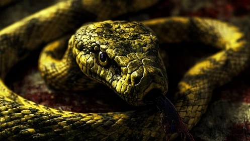 Macro closeup of coiled yellow snake with extended forked tongue