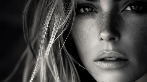 High-contrast monochrome close-up of freckled female face