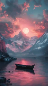 Digital painting of lunar alpine lake with solitary boatscape.