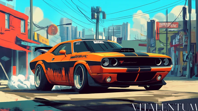 Orange muscle car drifting in stylized urban street setting.