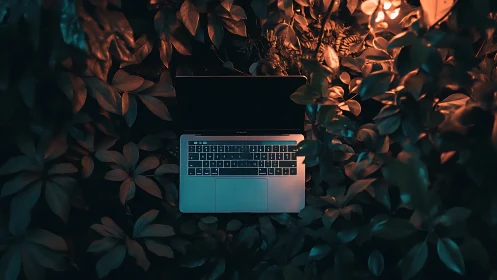 Laptop rests in moody foliage blending technology and nature