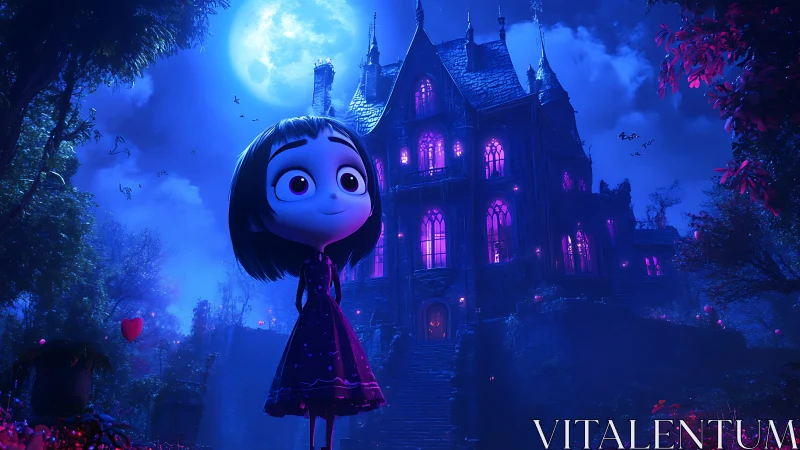 Moonlit goth girl before candy-glow haunted mansion.