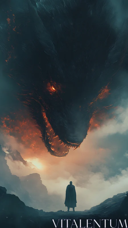 Giant fiery dragon looms above lone cloaked figure in mist