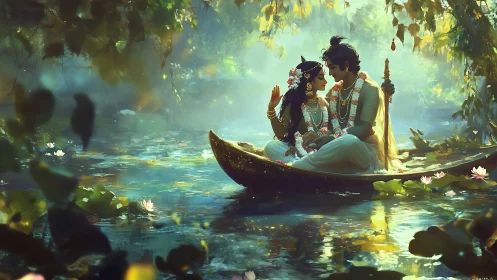 Divine couple share quiet reverie in glowing forest lagoon