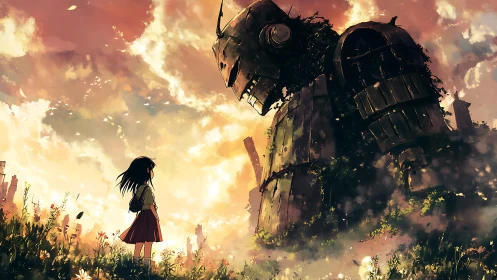 Sunlit girl confronts colossal rusted robot in meadow.