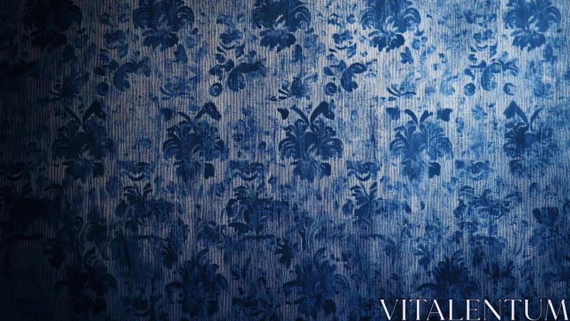 Vintage blue damask wallpaper with distressed texture.