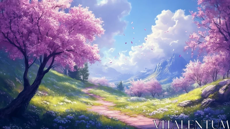 Petal-bright mountain path curls beneath flowering spring skies