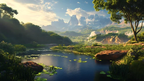 Dense river valley with distant jagged mountains at dawn.