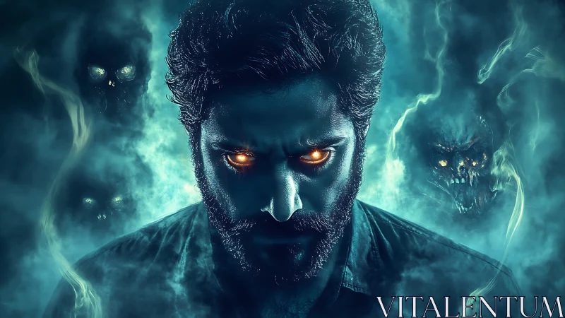 Brooding hero with glowing eyes in a storm of dark spirits.