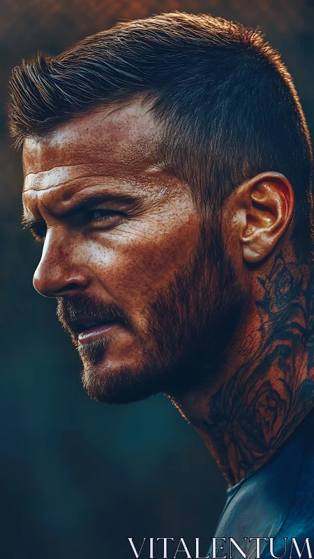 Tattooed male profile under dramatic golden side light.