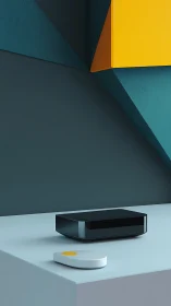 Minimalist Tech Display with Geometric Layered Background.