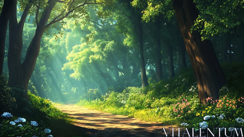 Sunlit Forest Path with Wildflowers in Dreamy Digital Art Style.