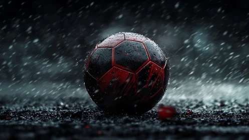 Rain-soaked black and red soccer ball on textured wet asphalt