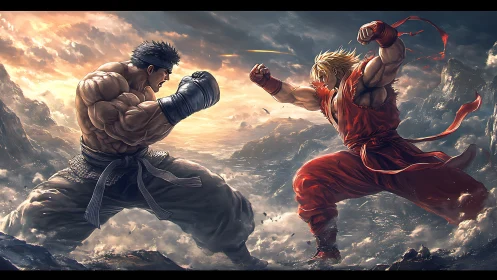 Two muscular fighters square off in a dramatic mountain clash