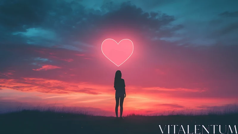 Woman Standing Under Glowing Neon Heart at Sunset