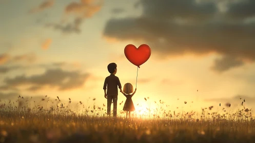 Silhouetted Figures Holding Red Heart Balloon at Golden Hour.