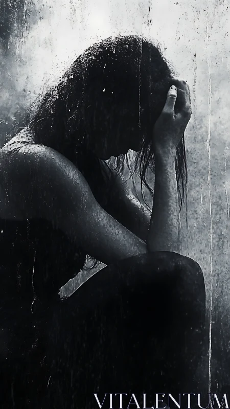 Silhouetted sorrow bends in rain streaks and fractured light.