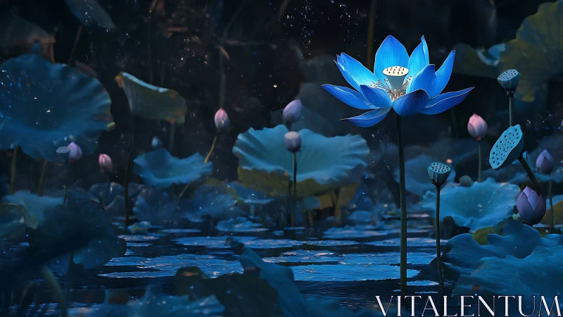 Luminous blue lotus blooms over deep midnight water.