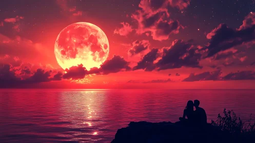 Large celestial body rising over water with storm clouds.