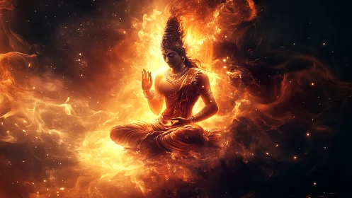 Radiant meditative deity enveloped in volumetric fiery nebula field