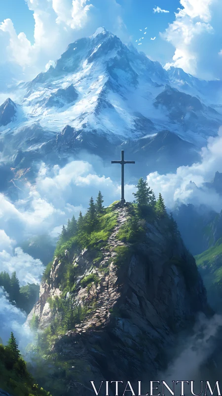 Solitary cross crowns a sunlit peak beneath towering mountains.