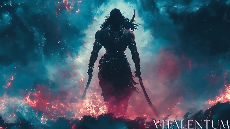 Storm-lit warrior strides through twin flames of chaos