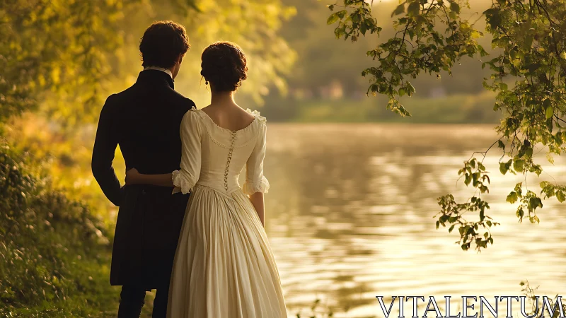 A Couple Shares a Romantic Moment by the Golden River