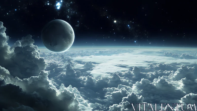 Orbital planet above luminous cloud ocean at night.