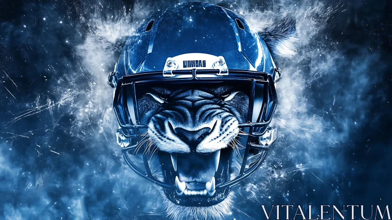 Fierce blue tiger in a football helmet roaring into battle.