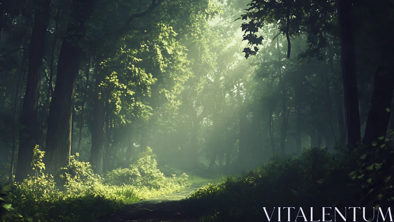 Sunlit Forest Path Invites Peaceful Wandering Through Woods