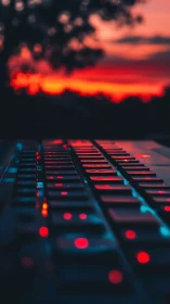 Backlit laptop keyboard with red bokeh lights at sunset