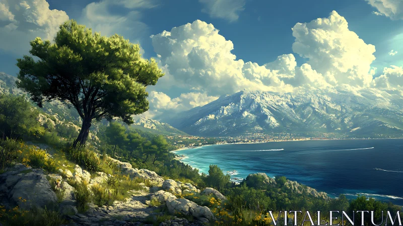 Coastal mountain landscape shows bay, town, and cloud formations